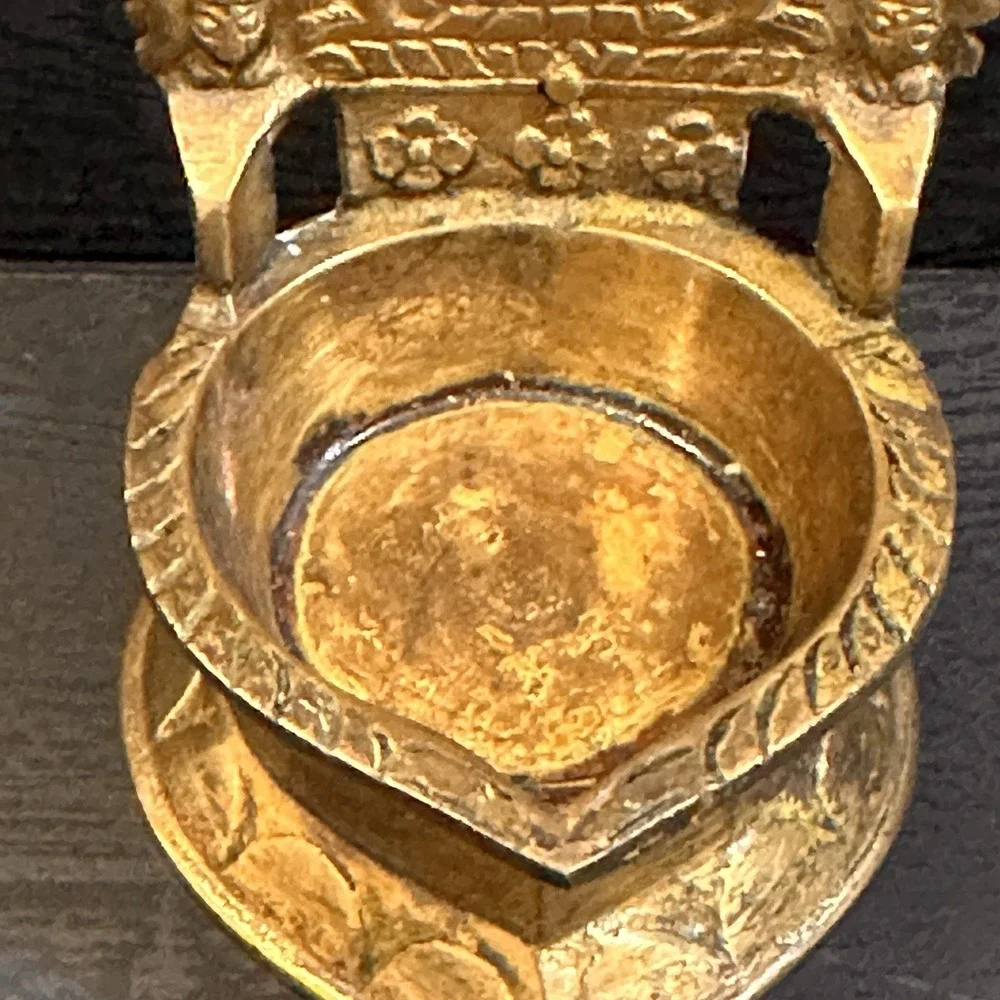 Vintage Brass Kamatchi Amman Vilakku, Gajalakshmi Oil Lamp, Diya, Petina, Marked